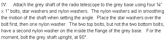 Text Box: IV.     Attach the grey shaft of the radio telescope to the grey base using four ¼” x 1” bolts, star washers and nylon washers.  The nylon washers aid in smoothing the motion of the shaft when setting the angle.  Place the star washers over the bolt first, then one nylon washer.  The two top bolts, but not the two bottom bolts, have a second nylon washer on the inside the flange of the grey base.   For the moment, bolt the grey shaft upright, at 90°.